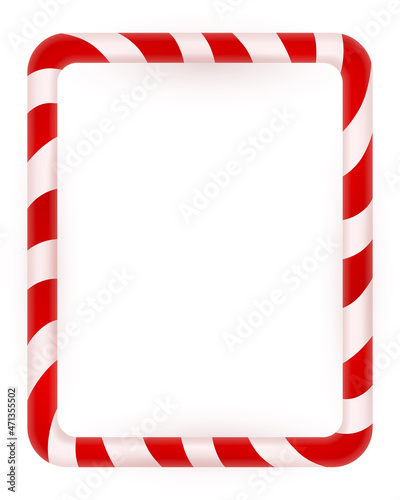 Blank Christmas border, candy cane frame with red and white stripes. Isolated on white background. Holiday design, decor. Vector illustration.