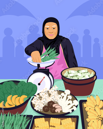Muslim woman selling vegetables at market