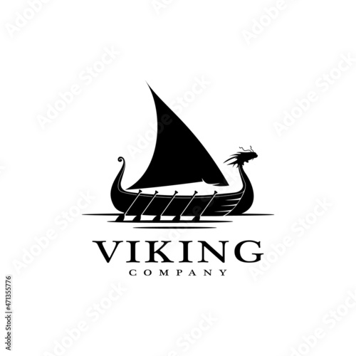 Vintage Viking Ship Boat Silhouette With Dragon Head Logo design