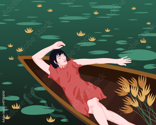 Young girl resting on river boat