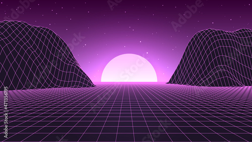 Futuristic wireframe landscape. Retro vector grid with stars and sun. Perspective tile of lines. Detailed vector illustration.