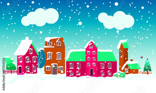 Winter Houses Set. Cozy houses with Christmas tree, bush, fir-tree in snow with clouds and a bird flying. Festive mood buildings for Christmas and New Year greetings design. Vector Illustration.