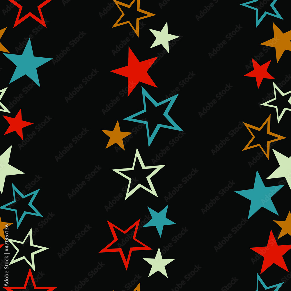 seamless pattern with the image of a vertically oriented ornament of multicolored stars on a dark background for prints on fabrics, packaging and decoration of interior backgrounds, banners, postcards seamless pattern with the image of a vertically oriented ornament of multicolored stars on a dark background for prints on fabrics, packaging and decoration of interior backgrounds, banners, postcards