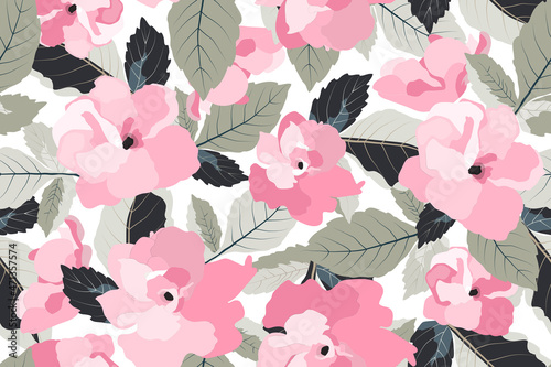 Vector floral seamless pattern. Pink garden flowers with olive and dark blue leaves. Floral background for fabrics  banners and cards.