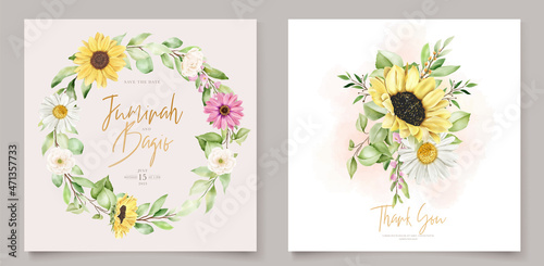 watercolor sun flower and daisy wedding invitation card set 