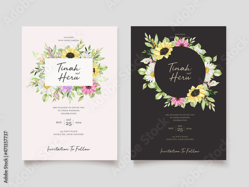 watercolor sun flower and daisy wedding invitation card set 