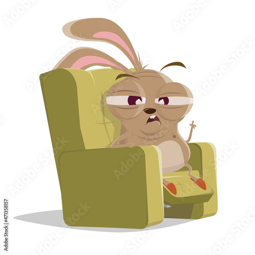 funny cartoon illustration of a senior rabbit sitting in a sofa and telling a story