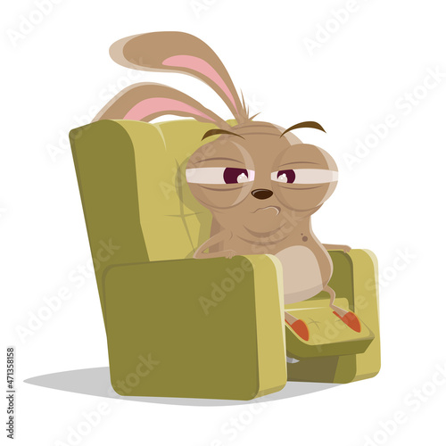 funny cartoon illustration of a senior rabbit sitting in a sofa