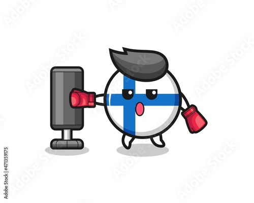 finland flag boxer cartoon doing training with punching bag