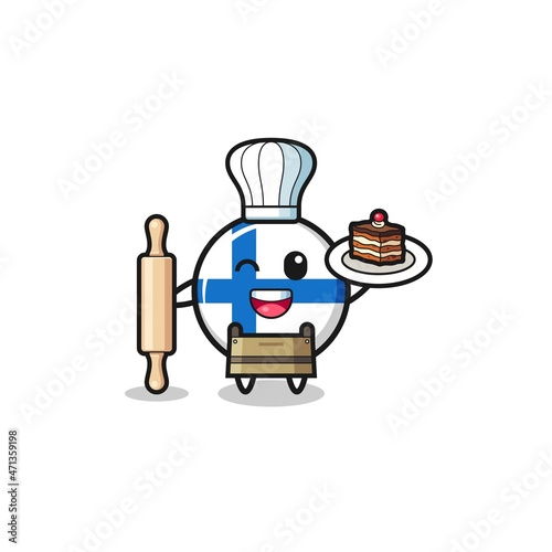 finland flag as pastry chef mascot hold rolling pin