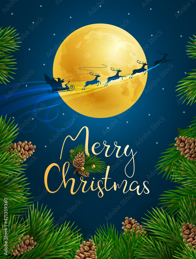 Christmas greeting card. Santa on a sleigh with reindeer flies against the background of the full moon. Vector illustration