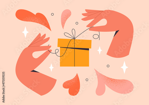 Opening gift box. Hands unwrapping colorful present packaging. Birthday surprise, Christmas celebration, holidays greeting concept. Abstract isolated vector illustration