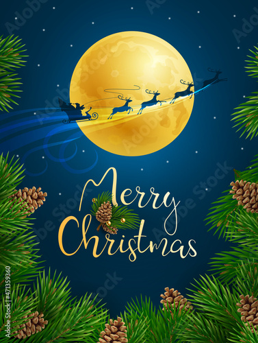 Obraz na płótnie Christmas greeting card. Santa on a sleigh with reindeer flies against the background of the full moon. Vector illustration w salonie