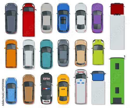 Cars view from above set. Vehicles driving in the city and service transport. Taxi, Ambulance, bus, Police, safari travel, Mini, Subway train, Fire-truck, cargo-truck, Electric car, Sedan