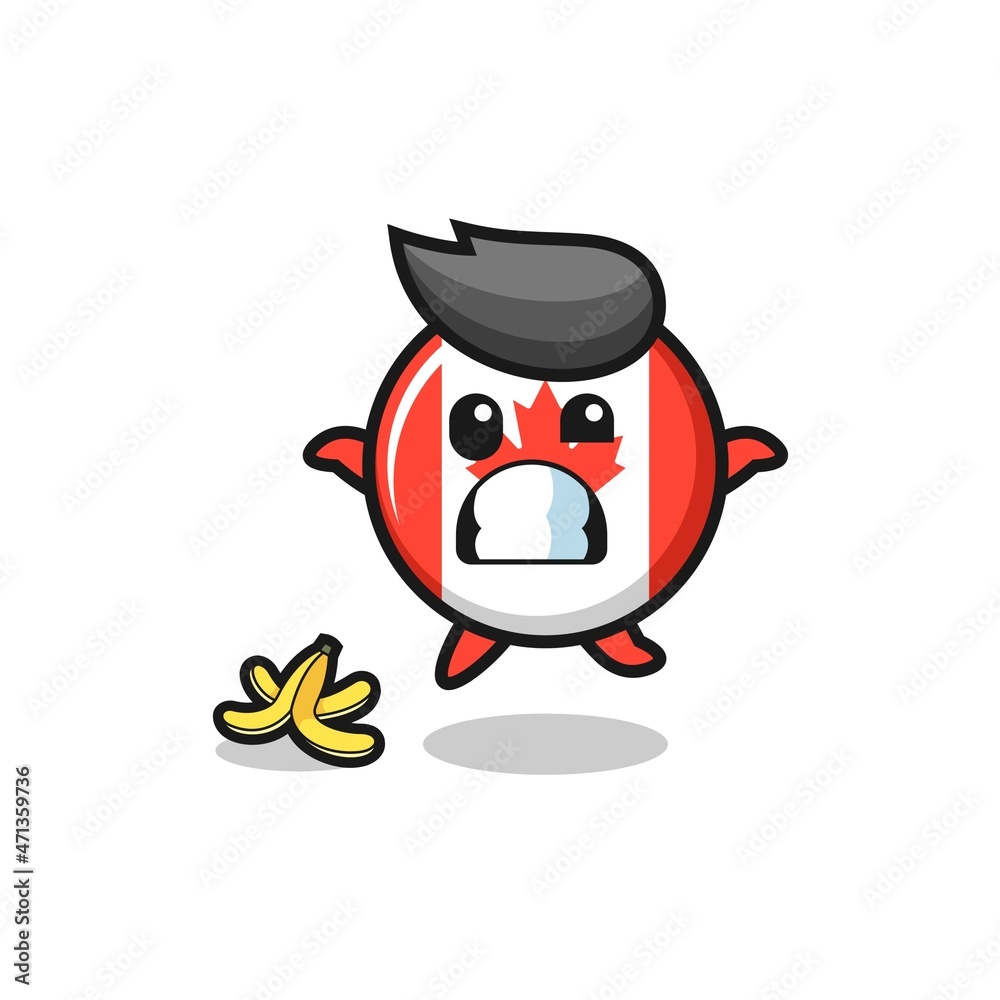 Naklejka premium canada flag cartoon is slip on a banana peel