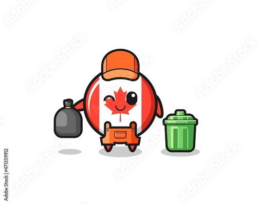 the mascot of cute canada flag as garbage collector