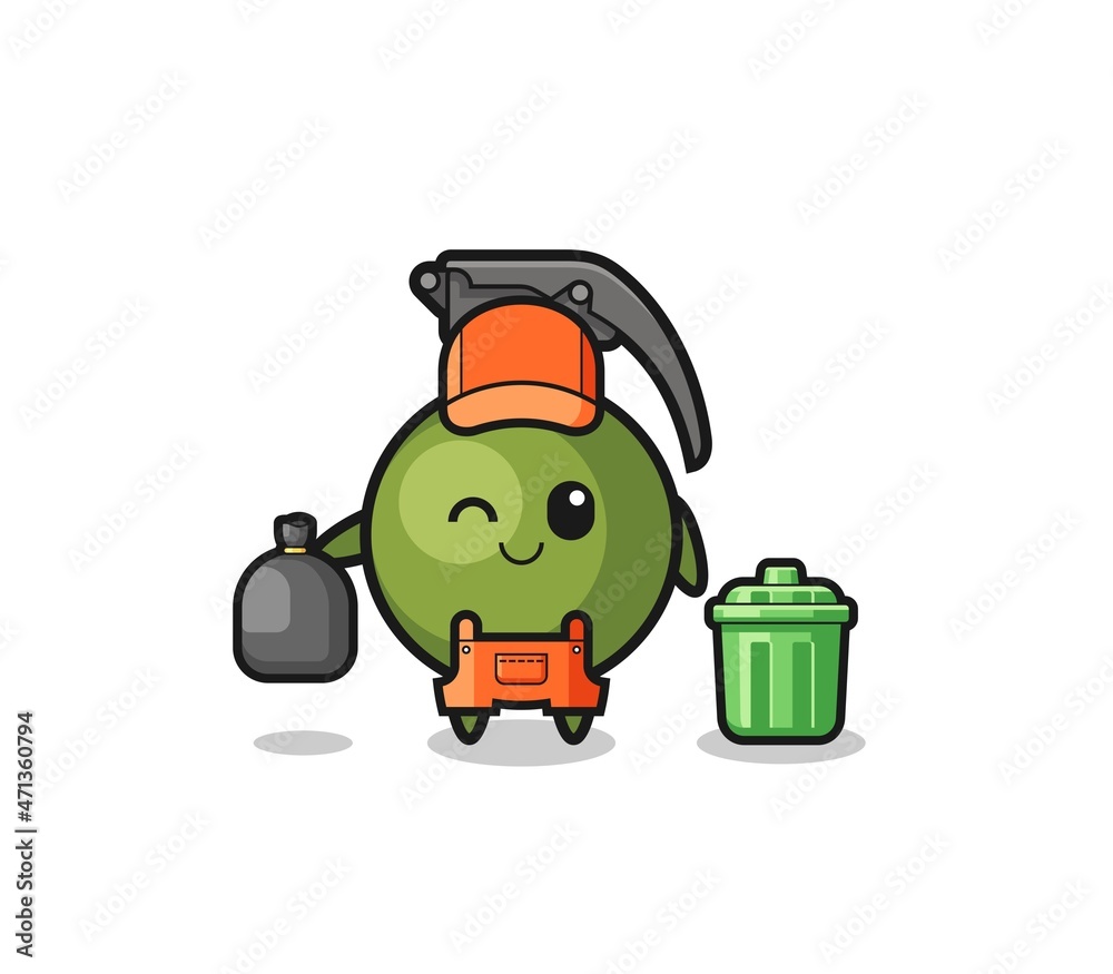 the mascot of cute grenade as garbage collector