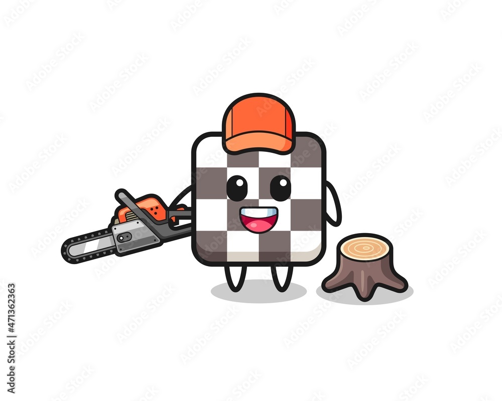 chess board lumberjack character holding a chainsaw