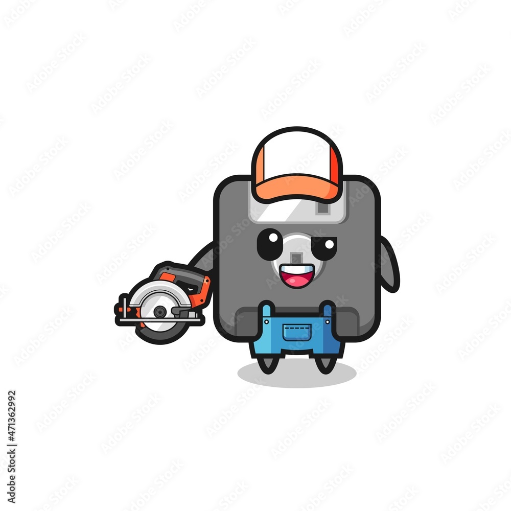 the woodworker floppy disk mascot holding a circular saw the woodworker floppy disk mascot holding a circular saw