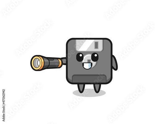 floppy disk mascot holding flashlight
