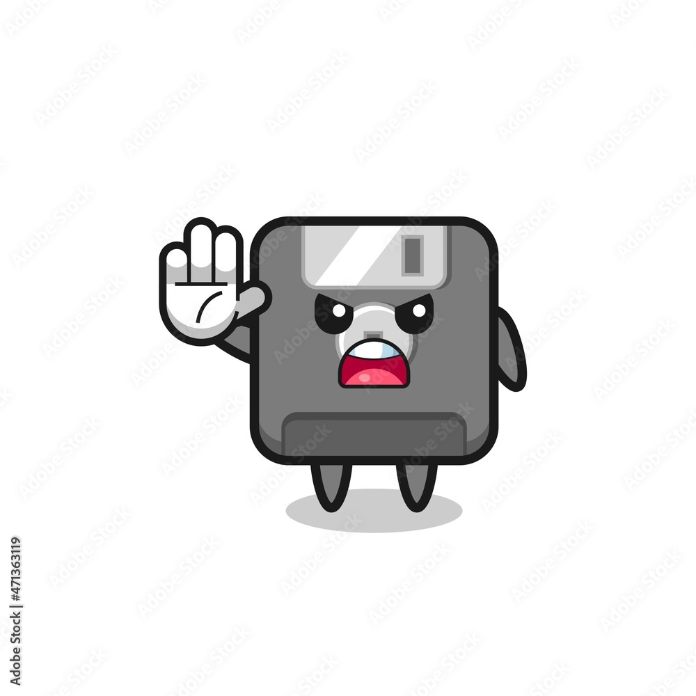 floppy disk character doing stop gesture