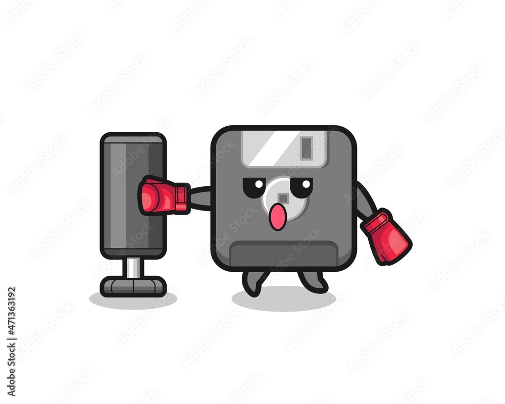 floppy disk boxer cartoon doing training with punching bag floppy disk boxer cartoon doing training with punching bag