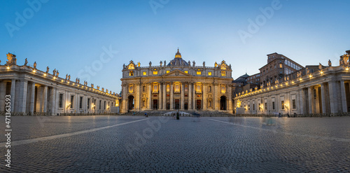 Panorama in Piazza San Pietro  or Saint Peters Square  during the blue hour with a view of the basilica in Vatican City.