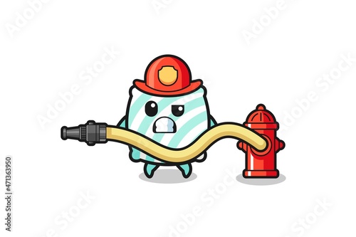 pillow cartoon as firefighter mascot with water hose