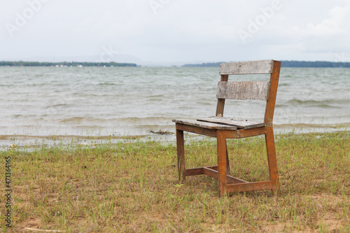 The empty wood bench near the lake in the park on a sunny day.