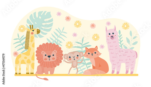 Cute wild animals concept. Poster with lion  giraffe  monkey  fox and llama in leaves and flowers. Design element for social network and printing on children clothing. Cartoon flat vector illustration