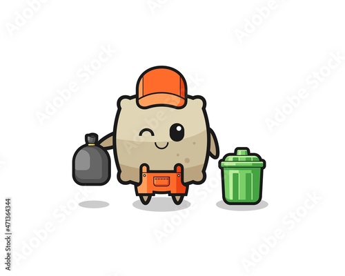 the mascot of cute sack as garbage collector