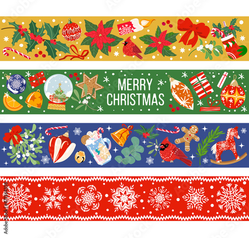 Set of vector christmas washi tapes, masking tapes, elements, cute design patterns. Holiday frames or borders with toys, cup latte, red cardinal, christmas bell and holly flower. 