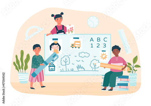 Happy school kids concept. Little boys and girls with pens and pencils stand next to blackboard, draw, solve examples and learn letters. Lesson for preschoolers. Cartoon flat vector illustration