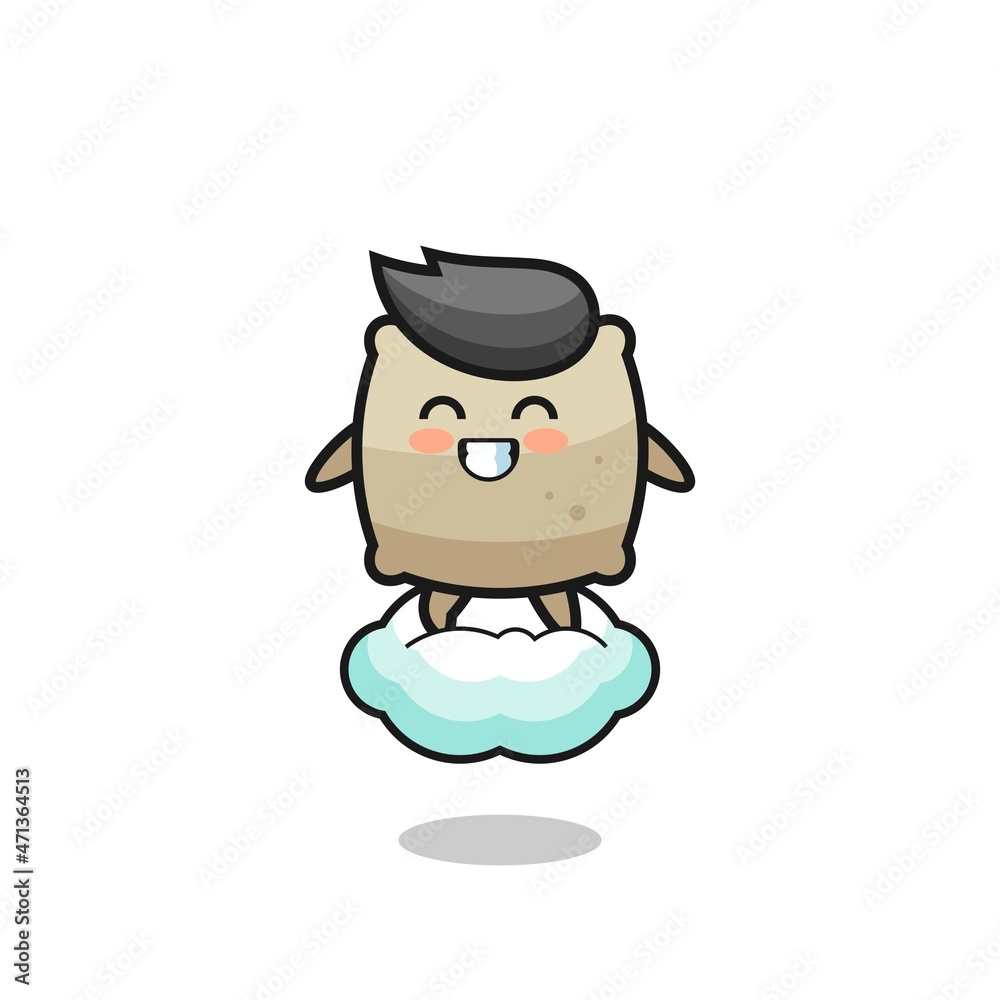 cute sack illustration riding a floating cloud
