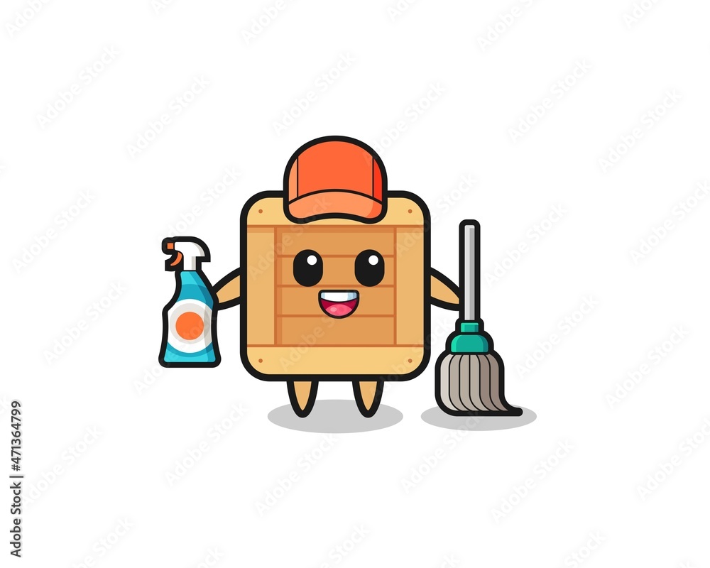 cute wooden box character as cleaning services mascot