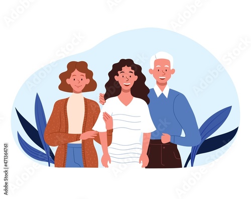 Concept of family support and care. Trusting relationship between girl and her parents. Mother and father love their child and hold his hand. Happy smiling characters. Cartoon flat vector illustration