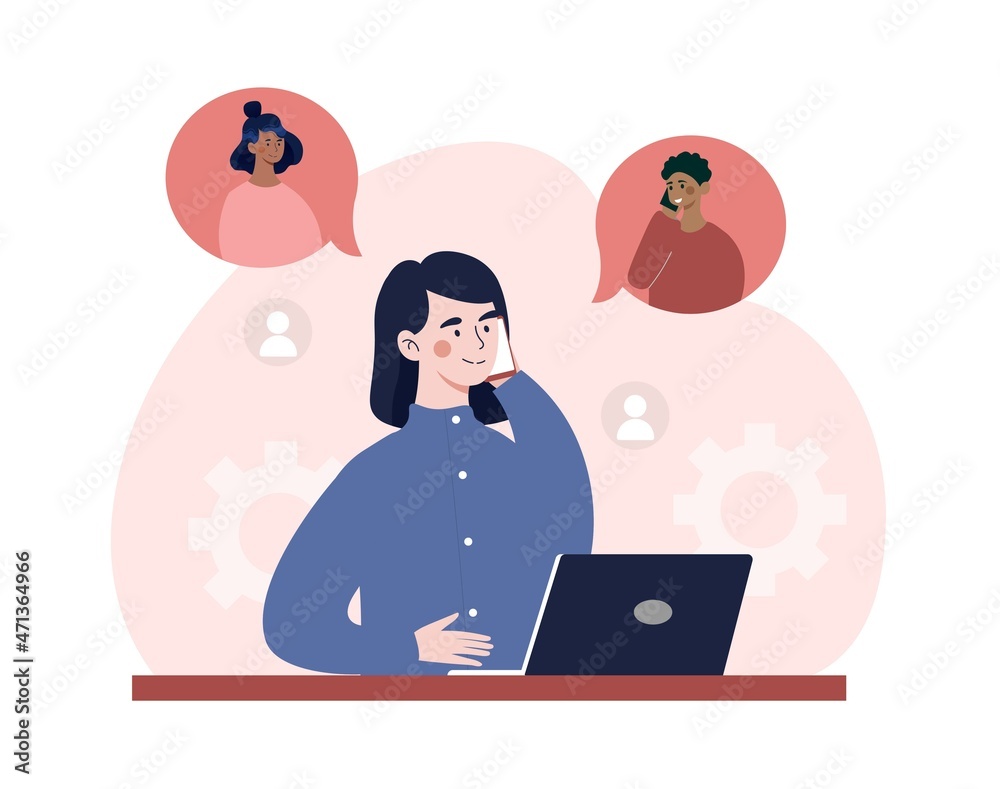 Manager talks to colleagues on phone. Woman works on laptop, performs tasks, manages time and arranges meeting with partners. Effective or productive employee. Cartoon flat vector illustration Manager talks to colleagues on phone. Woman works on laptop, performs tasks, manages time and arranges meeting with partners. Effective or productive employee. Cartoon flat vector illustration