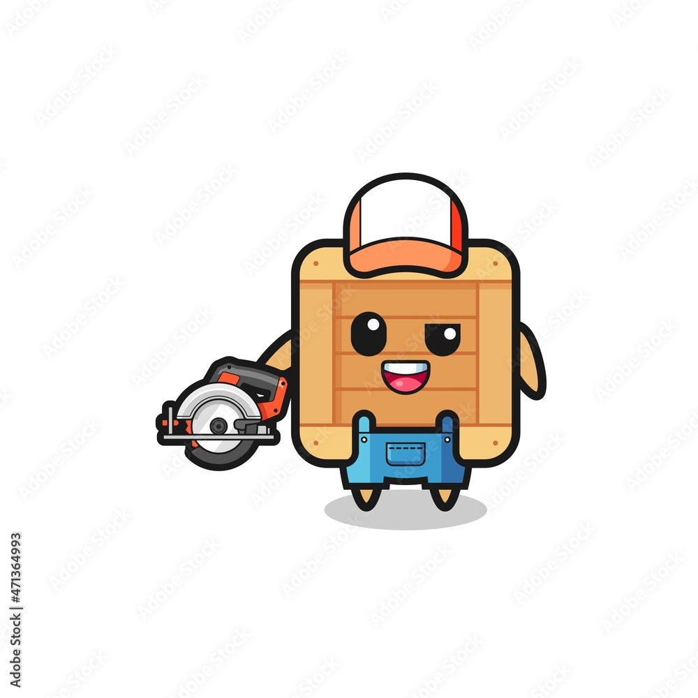 the woodworker wooden box mascot holding a circular saw the woodworker wooden box mascot holding a circular saw
