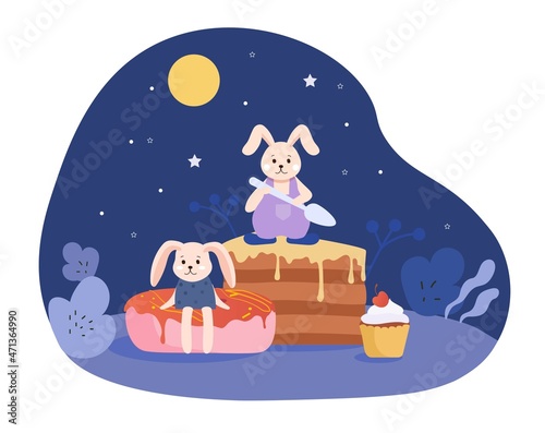 Fototapeta Naklejka Na Ścianę i Meble -  Happy mid autumn festival concept. Cute rabbits or hares with spoons eat delicious sweet cakes and desserts at night. Characters admire moon and enjoy food. Cartoon modern flat vector illustration
