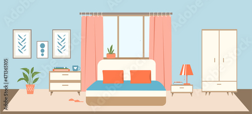 Cozy bedroom interior. Colorful room with bed, bedside tables, wardrobe, curtains and paintings on wall. Design project for apartment. Design element for printing. Cartoon flat vector illustration
