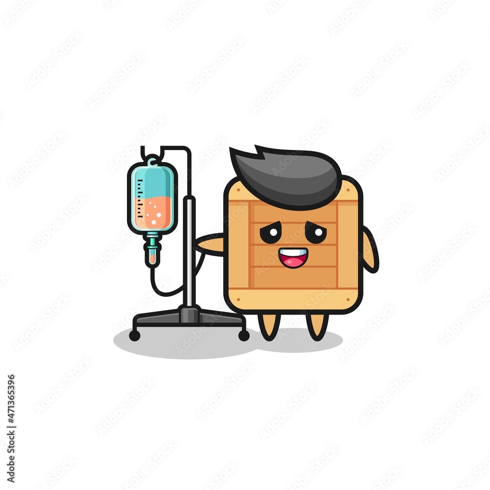 cute wooden box character standing with infusion pole