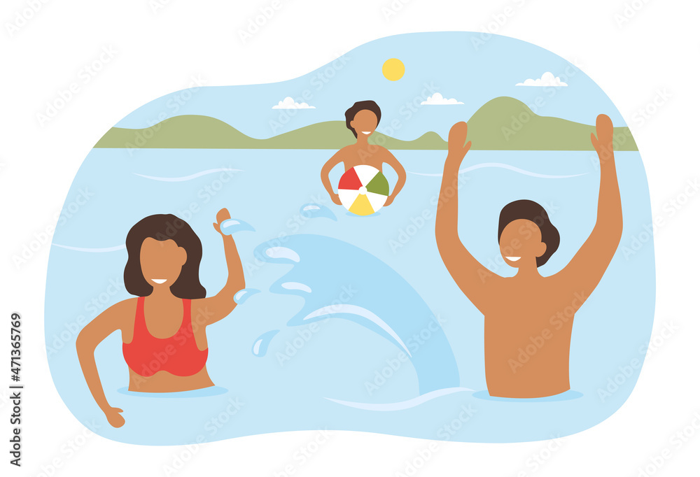 Summer vacation at sea concept. Man, woman and boy playing ball and splashing water. Fun and entertainment in ocean. Family resting and spending time together. Cartoon flat vector illustration