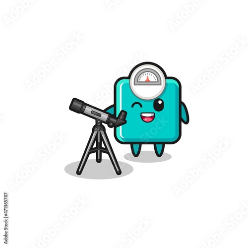 weight scale astronomer mascot with a modern telescope