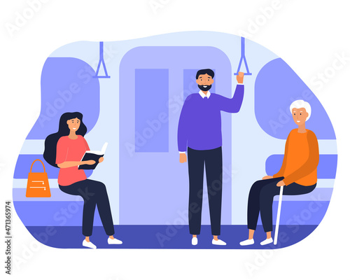 People in public transport concept. Man, woman and grandmother ride in subway, bus or train. Passengers go to university, work or supermarket. Characters in vehicle. Cartoon flat vector illustration