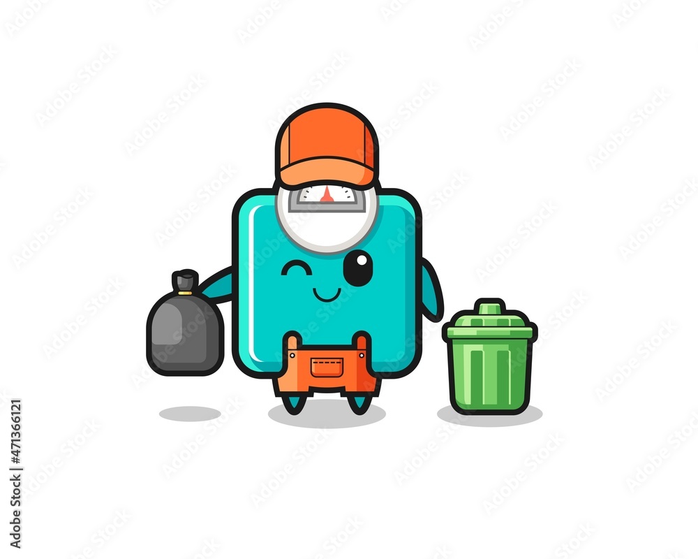 the mascot of cute weight scale as garbage collector the mascot of cute weight scale as garbage collector