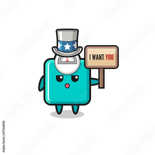 weight scale cartoon as uncle Sam holding the banner I want you