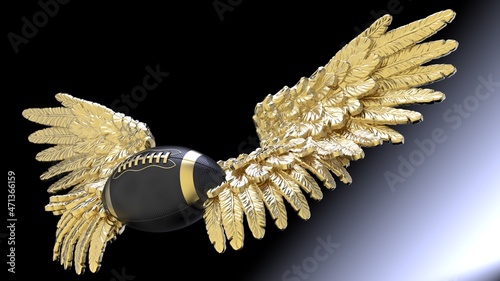Black-gold american football with the gold wings under flash light background. 3D CG. 3D illustration. 3D high quality rendering.