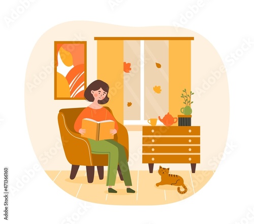 Young woman reading book concept. Female character sitting in comfortable chair and enjoying cozy autumn atmosphere. Girl in warm clothes loves literature. Cartoon modern flat vector illustration
