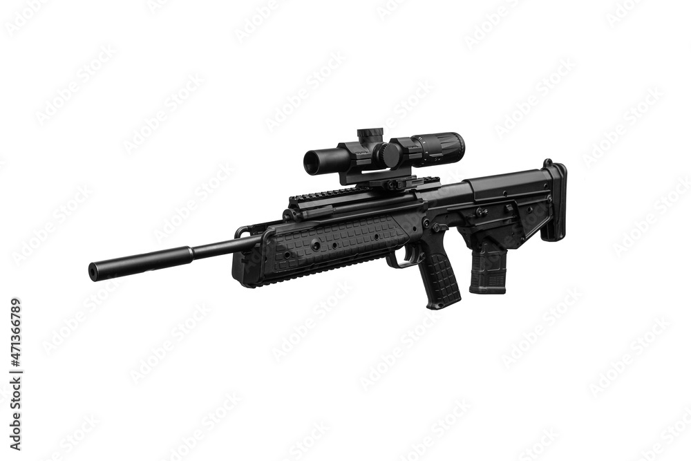 A modern automatic bullpup carbine with a telescopic sight. Weapons for defense and attack. Arming the police, special units and the army. Isolate on a white backg
