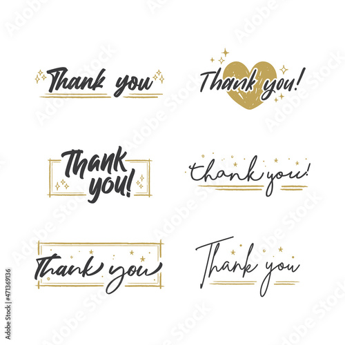 Thank You lettering compositions written with decorative calligraphic font. Bundle of gratitude phrase decorated with cute elements. Hand drawn thanks vector quotes.